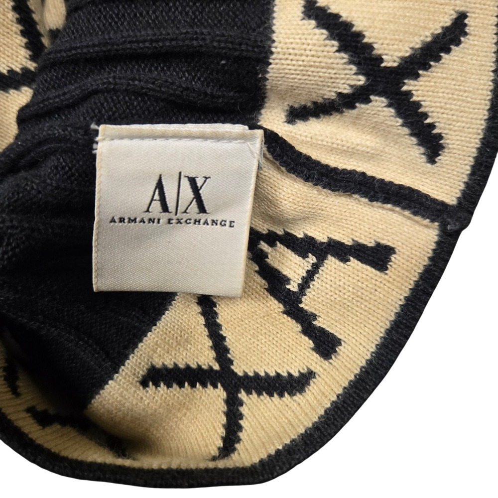 Armani Exchange Mens AX Logo Ribbed Knit Beanie Hat Black Cream Cotton One Size - Picture 4 of 5